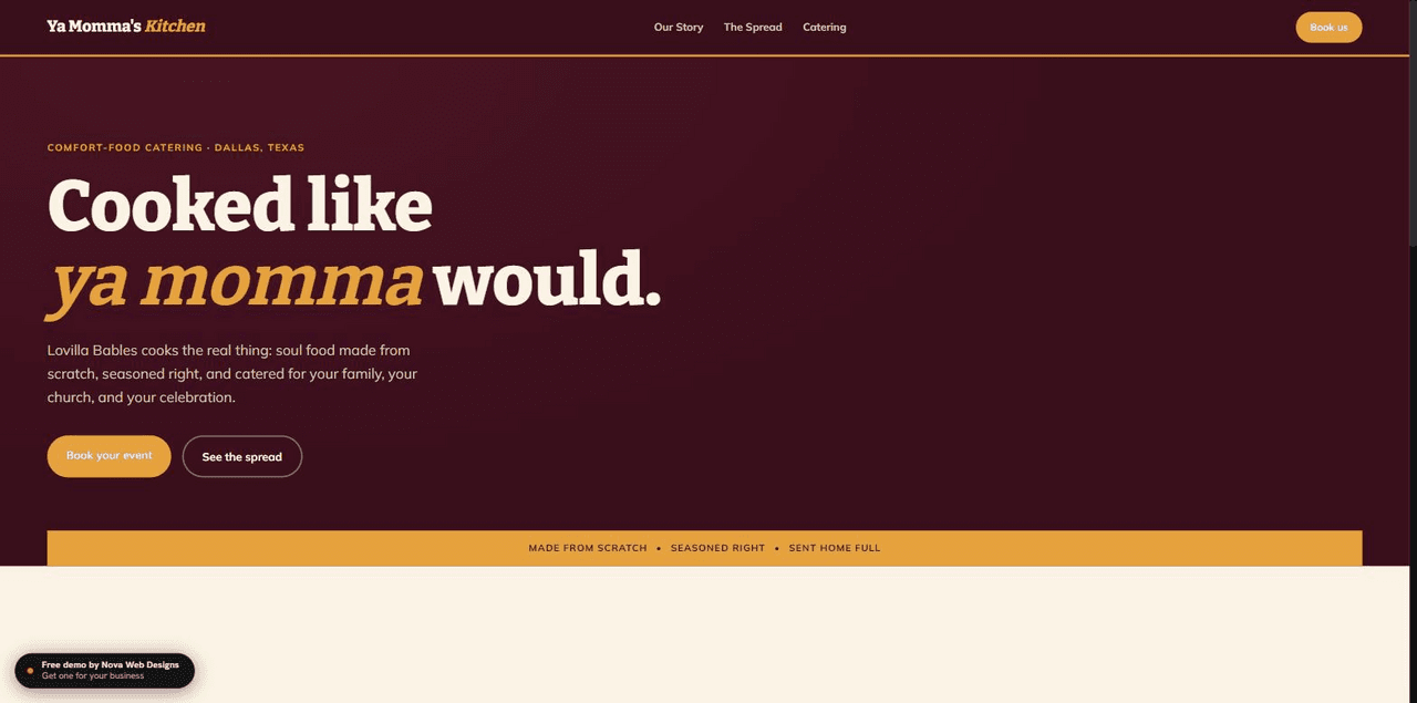 Screenshot of the Ya Momma's Kitchen demo site