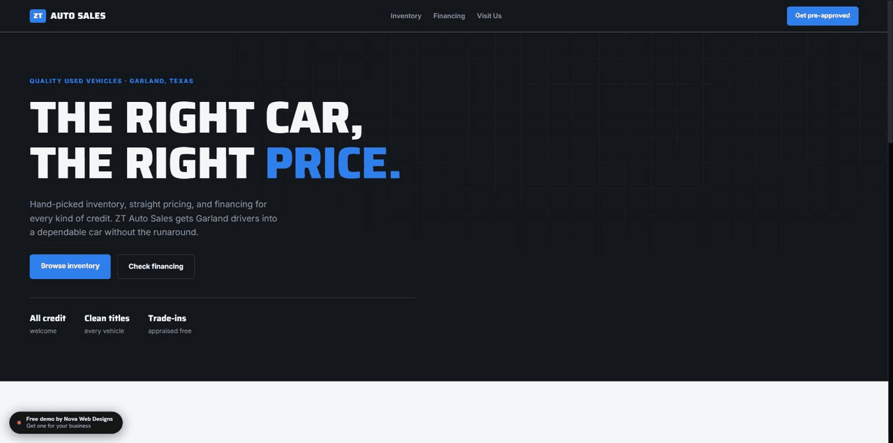 Screenshot of the ZT Auto Sales demo site